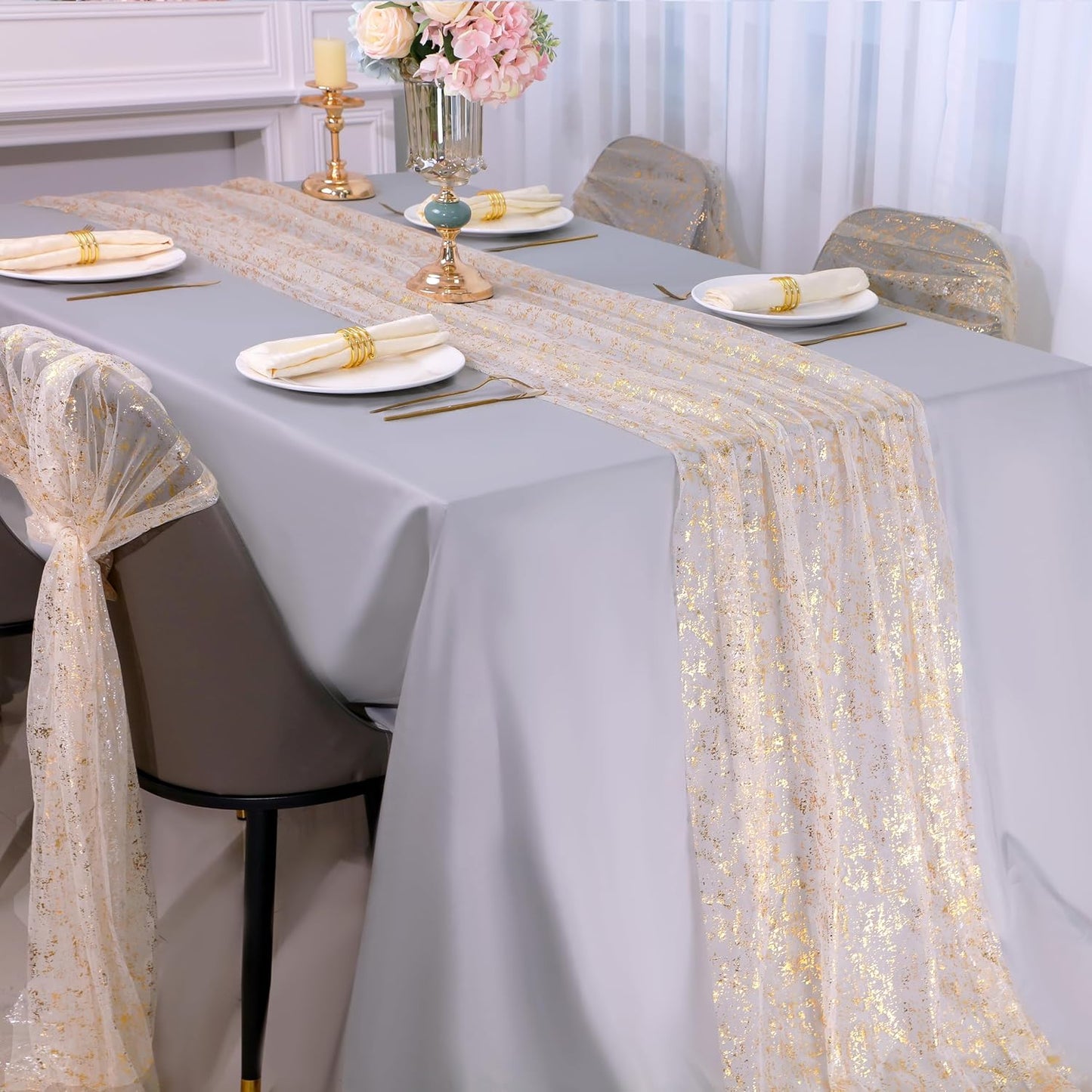 Snowkingdom 10 Ft Gold Table Runner, Sheer Chiffon Tulle Cheesecloth Golden Sequin Glitter Metallic Foil, Gold Party Table Decorations Centerpiece for Wedding Birthday Christmas Bridal Baby Shower