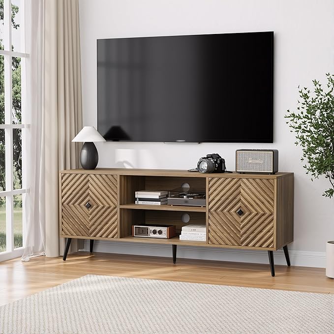 Smuxee Walnut TV Stand with Fluted Diamond Doors, 55.12" Mid Century Modern TV by Smuxee