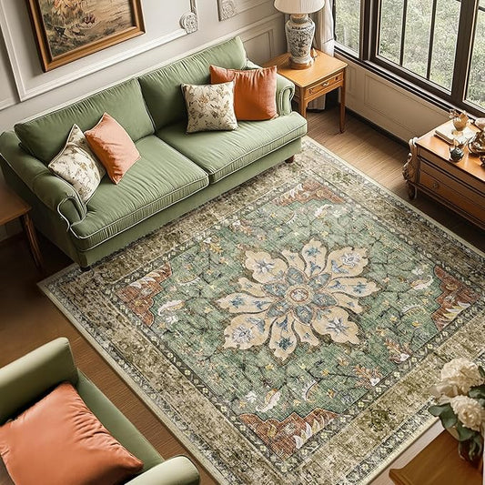 RELEANY Area Rugs Square 6ft Washable Non-Slip, Floral Vintage Distress Print by RELEANY