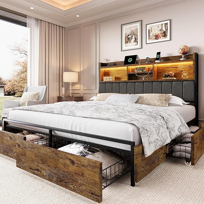 LARMACE Queen Bed Frame with 6 Storage Drawers, Bed Frame Queen Size with Linen by LARMACE