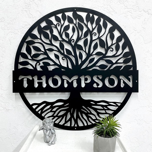 RealSteel Personalized Metal Wall Art - Custom Tree of Life Design with Family Name - Circular Metal Sign - Personalized Wedding, Anniversary, or Housewarming Gift - Black, 30"