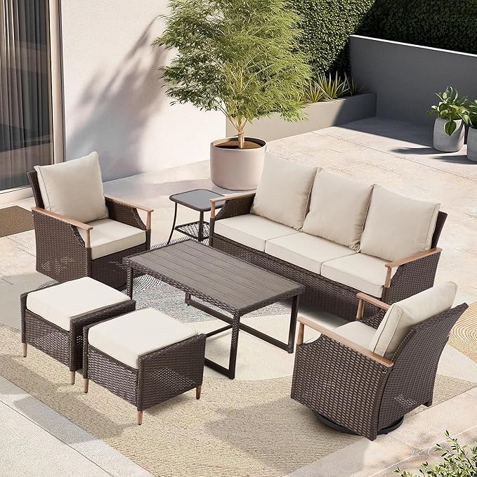 MELLCOM 7 Piece Patio Furniture Set Wicker Patio Conversation Set Rocking by MELLCOM