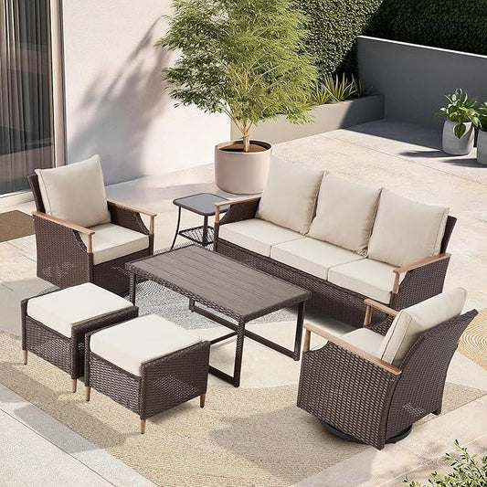 MELLCOM 7 Piece Patio Furniture Set Wicker Patio Conversation Set Rocking by MELLCOM