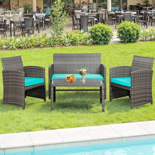 SUNLEI 4-Piece Outdoor Patio Furniture Set, Rattan Chair Wicker Conversation Set by SUNLEI
