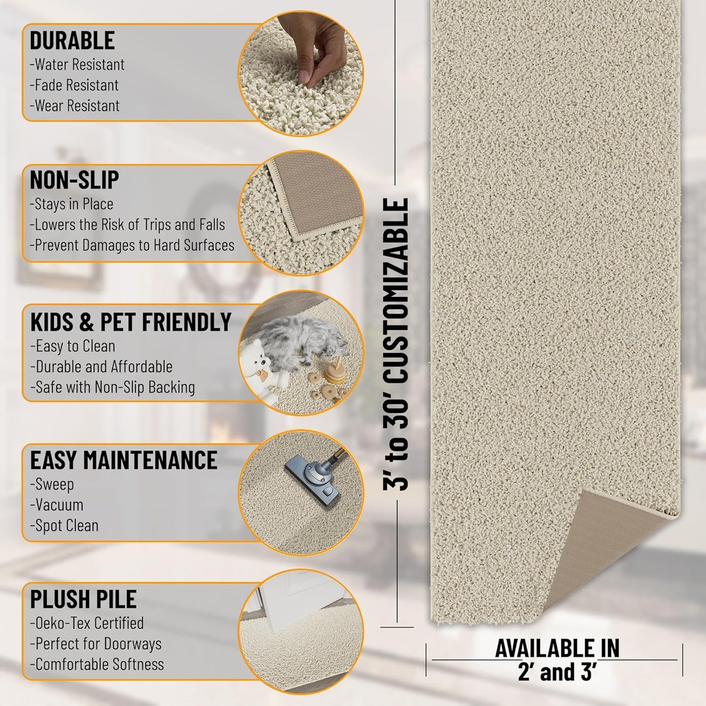 Ottomanson 3' x 20' Shaggy Runner Rug - Plush & Cozy Non-Slip Carpet for Bedroom, Living Room, Bathroom & Entryway - Durable & High-Traffic Friendly for Hallways & Dorms, Cream