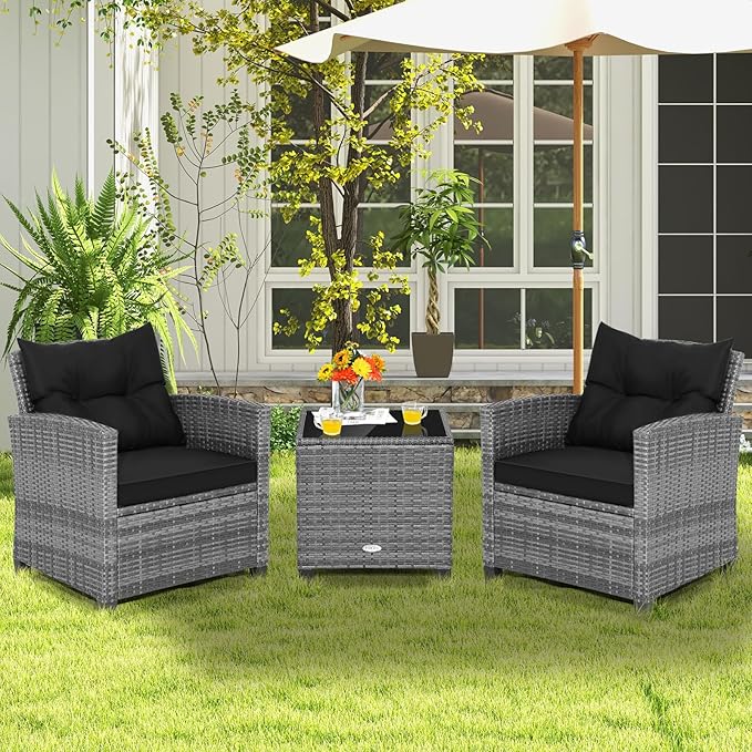 COSTWAY 3PCS Patio Furniture Set, PE Rattan Wicker Sofa w/Washable Cushion and - Image 3