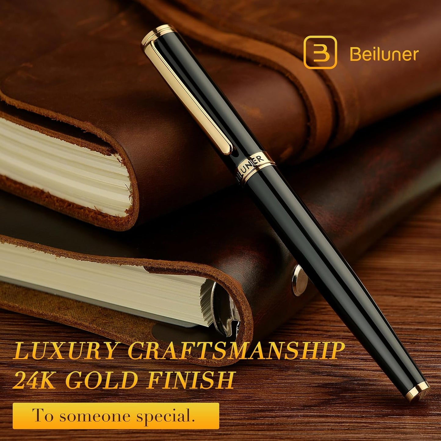 BEILUNER Black Fountain Pen,Stunning Luxury Pens with 24K Gold Accents, Gorgeous 24K Gilded Nib(Fine), Trustworthy Pen Gift for Men&Women -Ink Converter-Elegant, Reliable,Fancy Pen for Writing