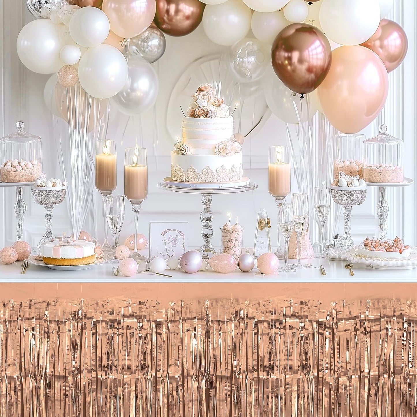 2 Pack Rose Gold Table Skirts, 29x108" Metallic Foil Tinsel Fringe Table Skirts for Rectangle Tables Streamer Curtains Backdrop, Party Decorations for Birthdays Weddings Holidays