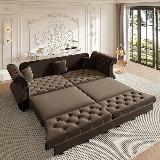 97.6" Oversized Pull Out Sofa Bed, Chesterfield Velvet Sleeper Sofa Couch by Unknown