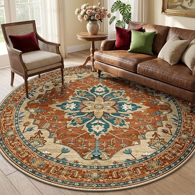 RELEANY Area Rugs Round 6ft Washable Non-Slip, Floral Vintage Distress Print - Image 2