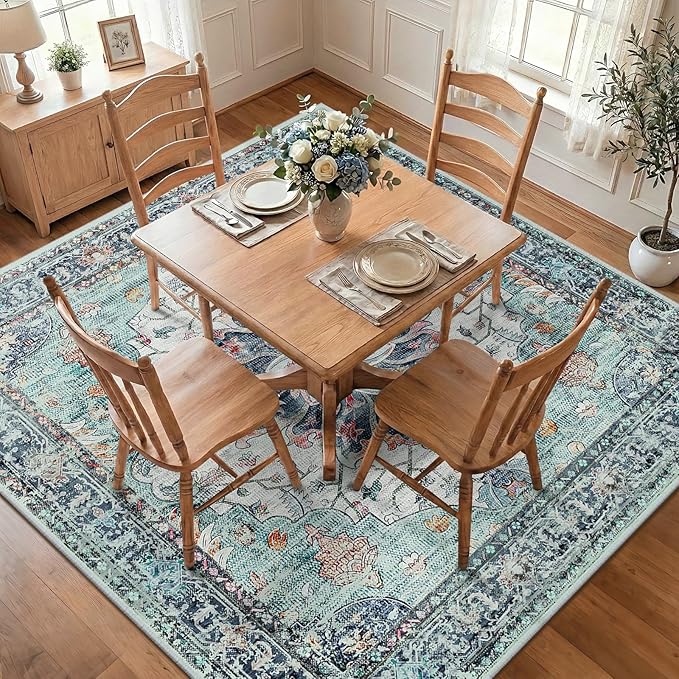 RELEANY Area Rugs Square 8ft Washable Non-Slip, Floral Vintage Distress Print - Image 2