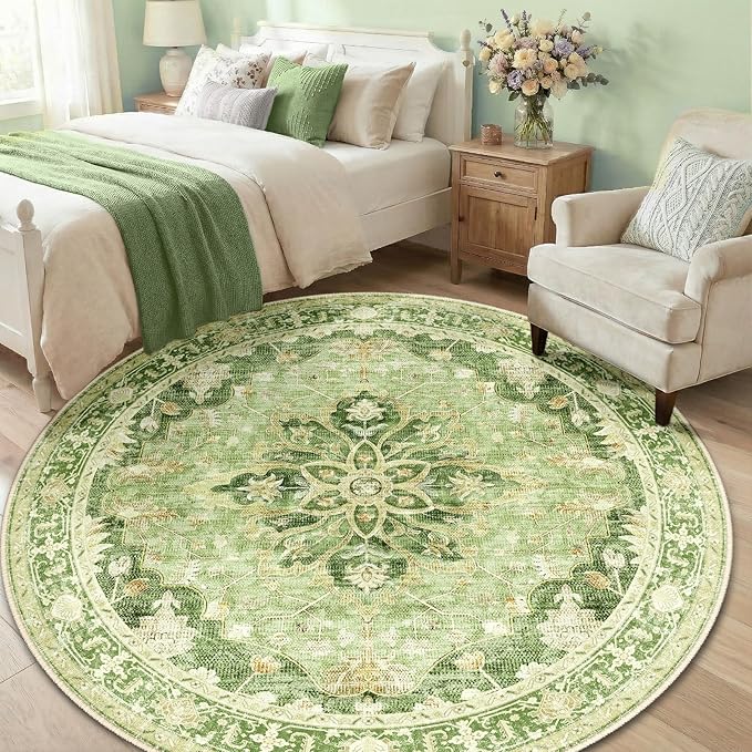 RELEANY Area Rugs Round 6ft Washable Non-Slip, Floral Vintage Distress Print - Image 2
