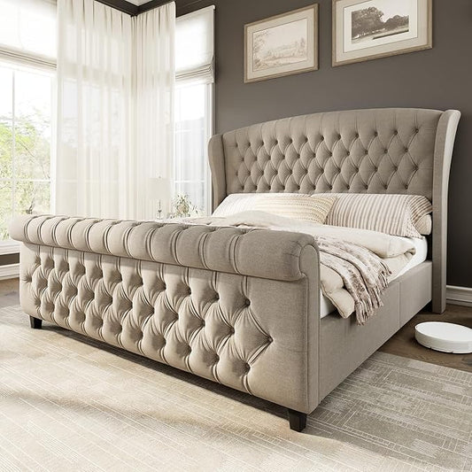 AMERLIFE King Size Platform Bed Frame, Linen Upholstered Sleigh Bed by AMERLIFE