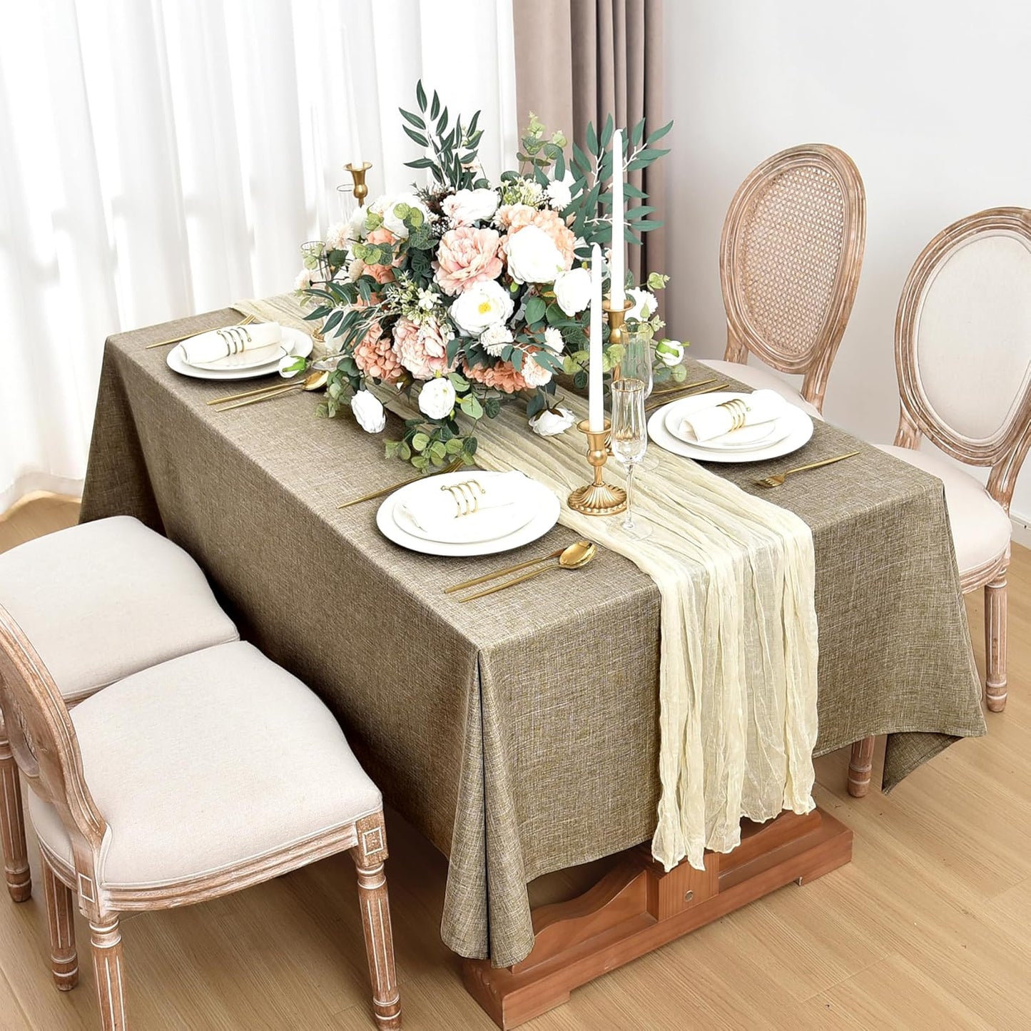 Fitable Faux Linen Tablecloths for Rectangle Tables: Water & Stain Resistant Farmhouse Table Cloth, Washable Burlap Textured Table Covers for Kitchen Dining Party(2 Pack, 52x70 Inch, Khaki)