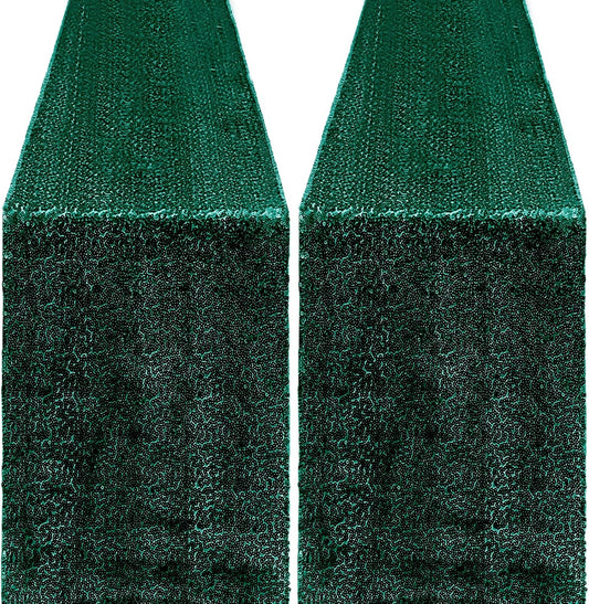 2 Packs 12 x 72 inches Sequin Table Runner, Hunter Green Glitter Table Runner for Birthday Party Supplies Wedding Engagement Baby Shower Holiday Celebration Event Decorations