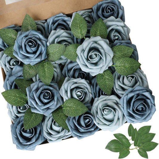 AmyHomie Artificial Flower Dusty Blue Shades Rose 25pcs Real Looking Fake Roses w/Stem for DIY Wedding Bouquets Centerpieces Arrangements Party Baby Shower Home Decorations