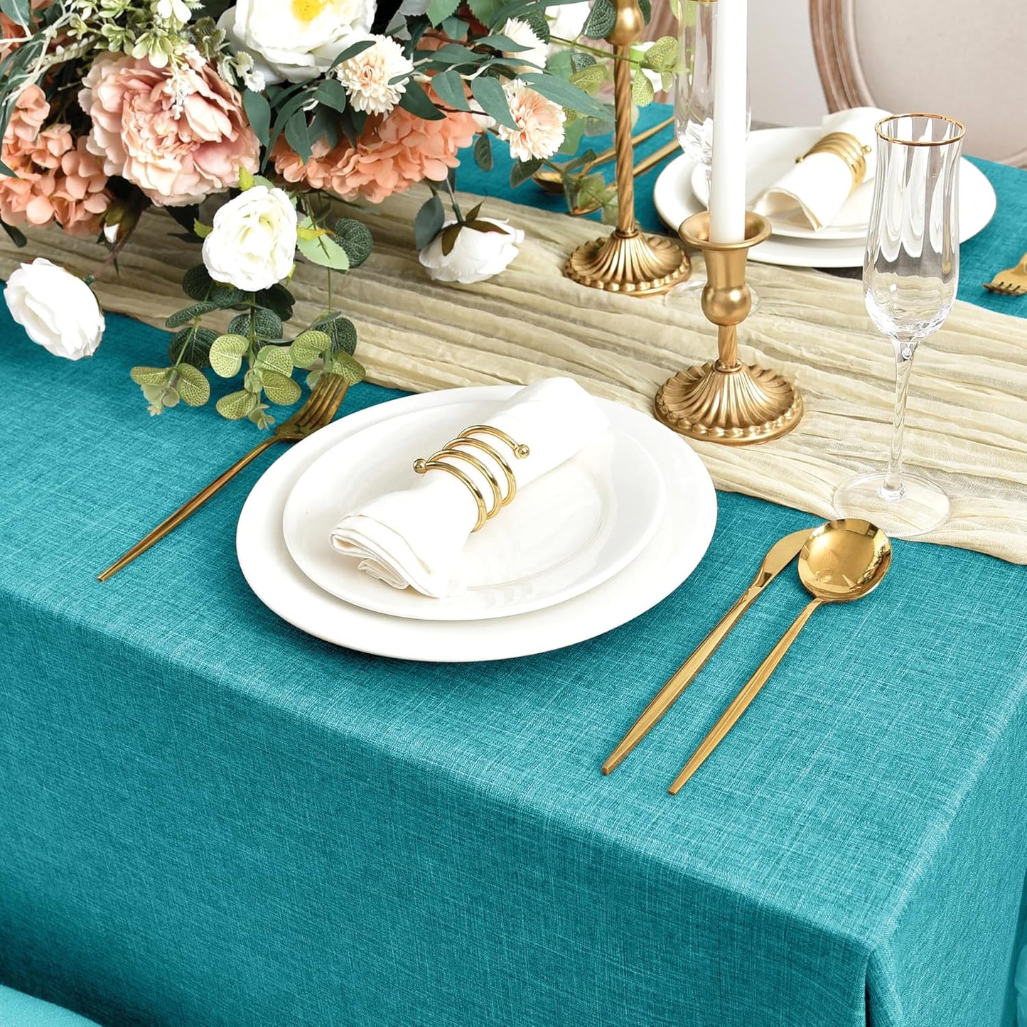 Fitable Square Table Cloth Linen Textured: Water & Stain Resistant Farmhouse Tablecloth, Washable Burlap Table Covers for Kitchen Dining Party(2 Pack, 54x54 Inch, Teal)