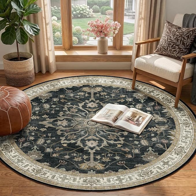 RELEANY Area Rugs Round 4ft Washable Non-Slip, Floral Vintage Distress Print - Image 3