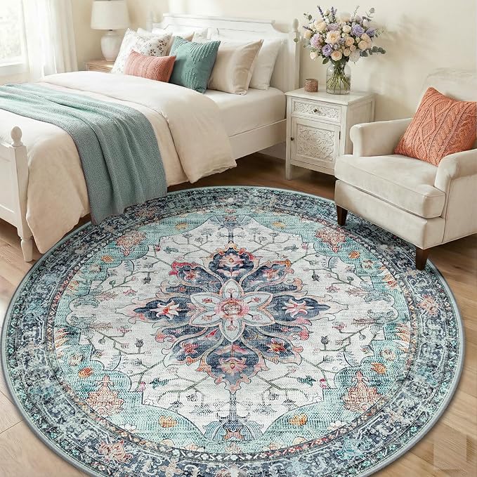 RELEANY Area Rugs Round 6ft Washable Non-Slip, Floral Vintage Distress Print - Image 3