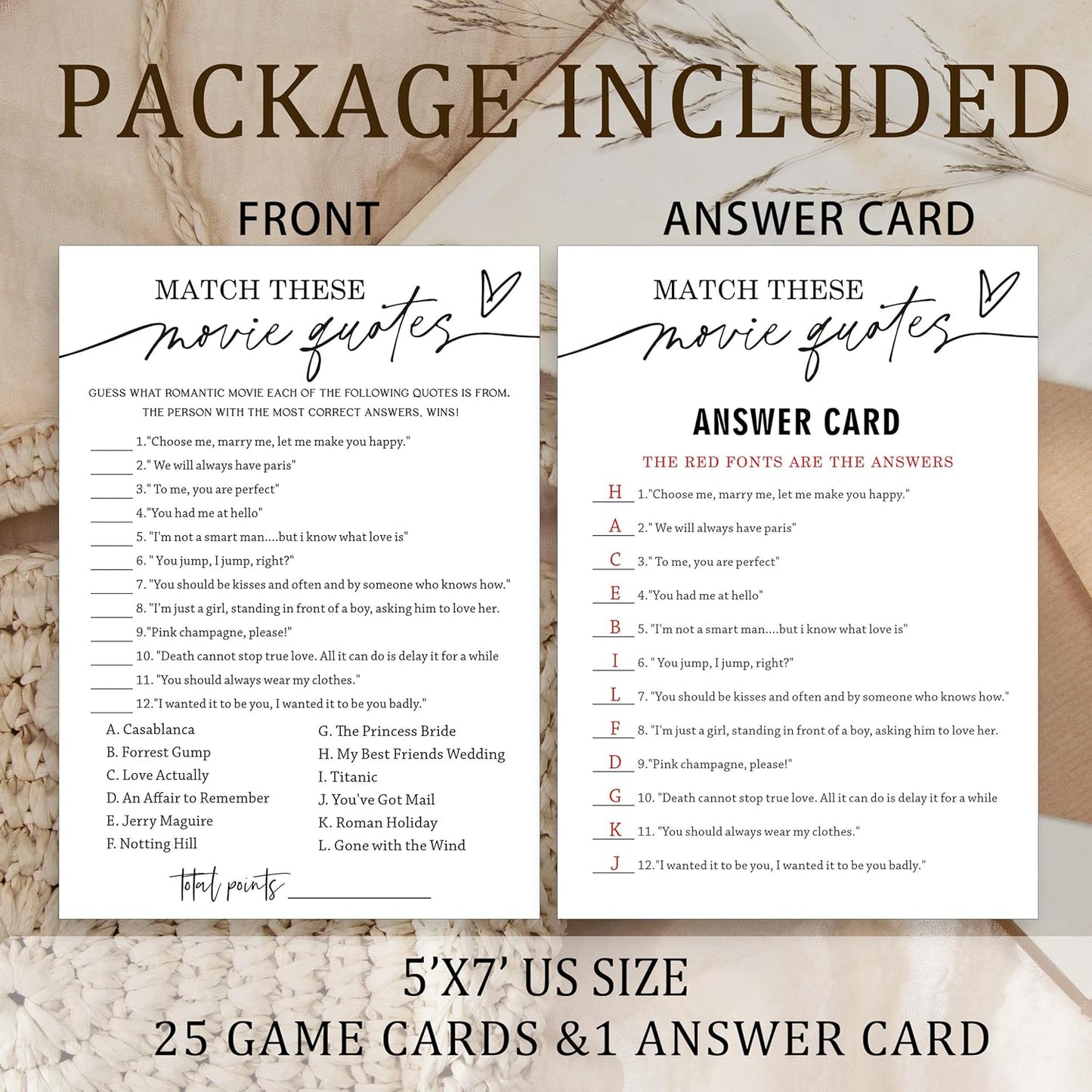 Fun Bridal Shower Games Set 25 Wedding Games Cards with 1 Answer Card Match Movie Quotes for Minimalist White Newlywed Party Entertainment Supplies - A02