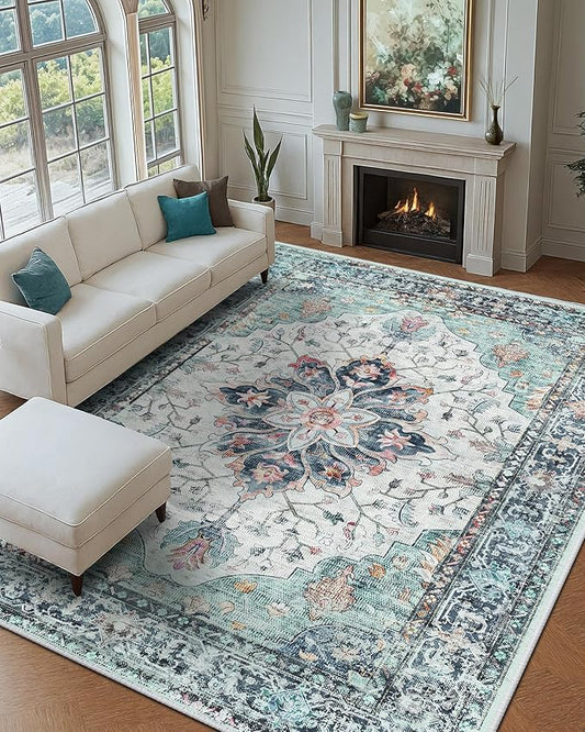 RELEANY Area Rugs 9'x12' Washable Non-Slip, Floral Vintage Distress Print by RELEANY