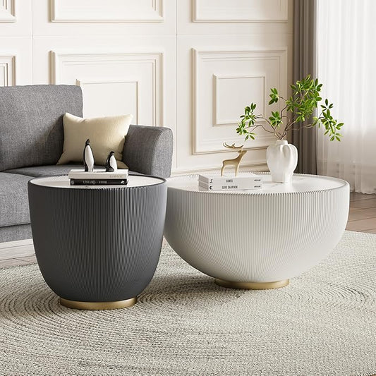 Round Marble Coffee Table Set of 2, 2 Piece White Coffee Table and End Table by Henf