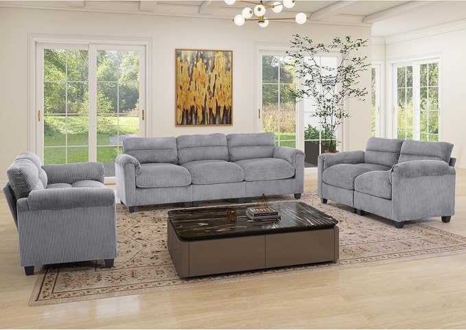 HAOMARKETS Corduroy Sofa Set, Two Upholstered Loveseat, and 3-Seater Couch - Image 3