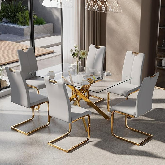 7-Piece Dining Table Set for 6, Modern Rectangular Glass Table by KATBOCFurniture