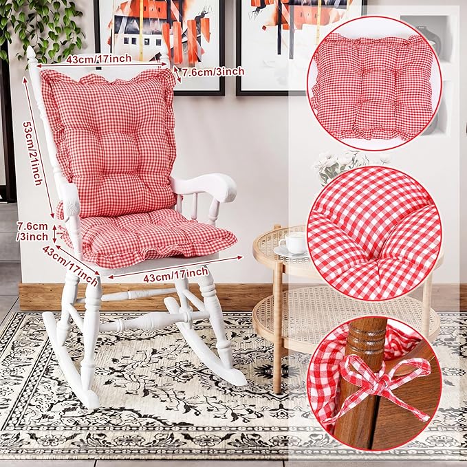 Lewtemi 2 Set Red Gingham Rocking Chair Cushion Village Ruffled Rocking Chair - Image 2