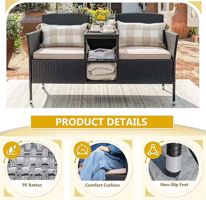 Devoko Outdoor Patio Loveseat Modern Rattan 2-Seat Patio Conversation Set - Image 5