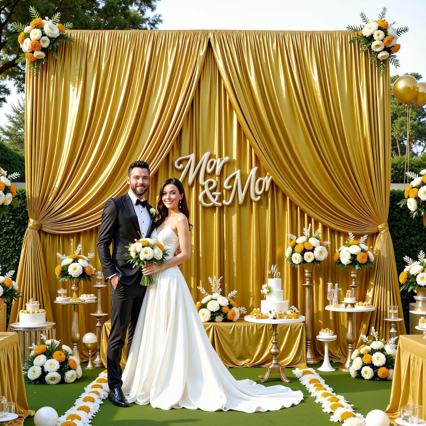 Golden Brown Satin Backdrop Curtains 2 Panels - Glitter Photo Drapes for Baby Shower, 10x10FT Shimmer Back Drop Cloth, Wrinkle Free for Golden 50th Birthday Party Decorations