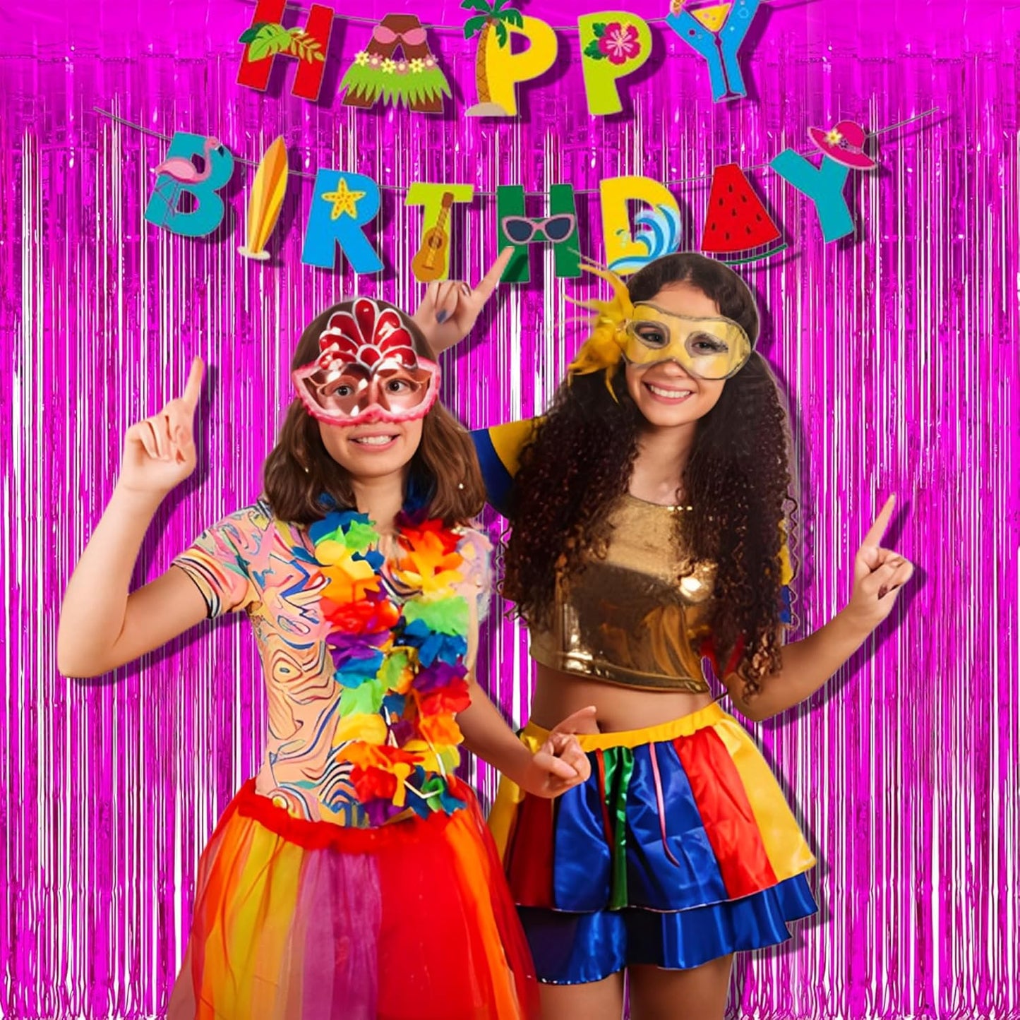 Foil Fringe Curtain Party Decorations - Hot Pink Photo Backdrop Tinsel Steamers Curtains for Tropical Hawaiian Theme Birthdays Christmas Valentine Bachelorette Parties