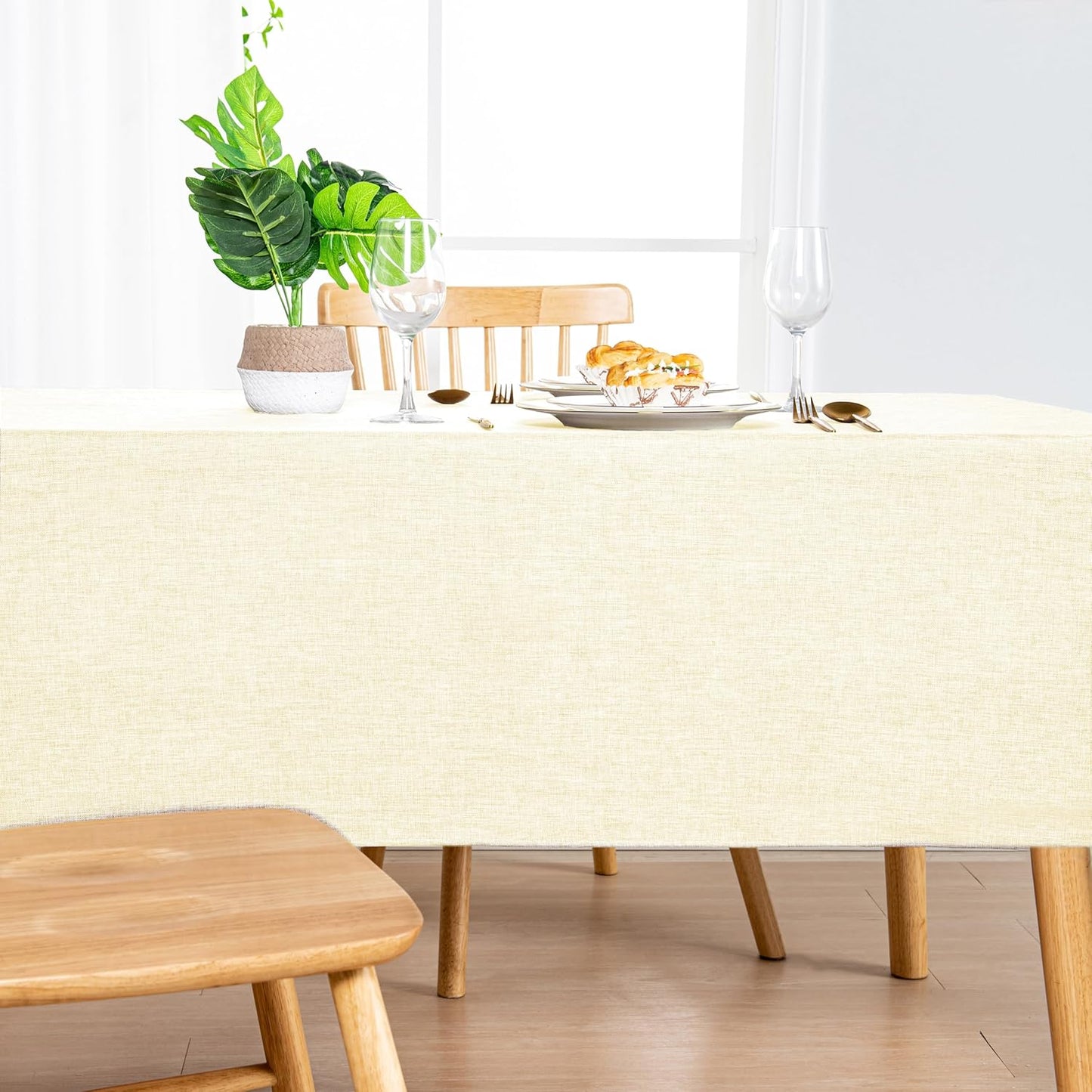 Hiasan Faux Linen Rectangle Tablecloth - Wrinkle and Stain Resistant Washable Table Cloth for Kitchen Dining Room Holiday Table Cover for Dinner, Champagne, 70 x 90 Inch