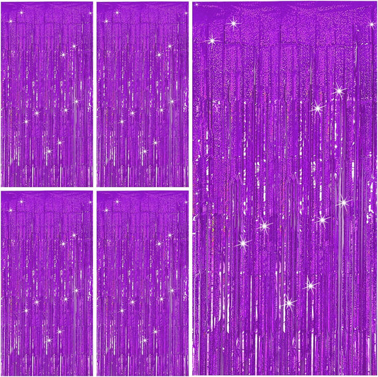 Tinsel Curtain Backdrop Purple Birthday Decorations 5 Packs Glitter Foil Fringe Streamers Photo Booth for Christmas Wedding Halloween Graduation Party Decor