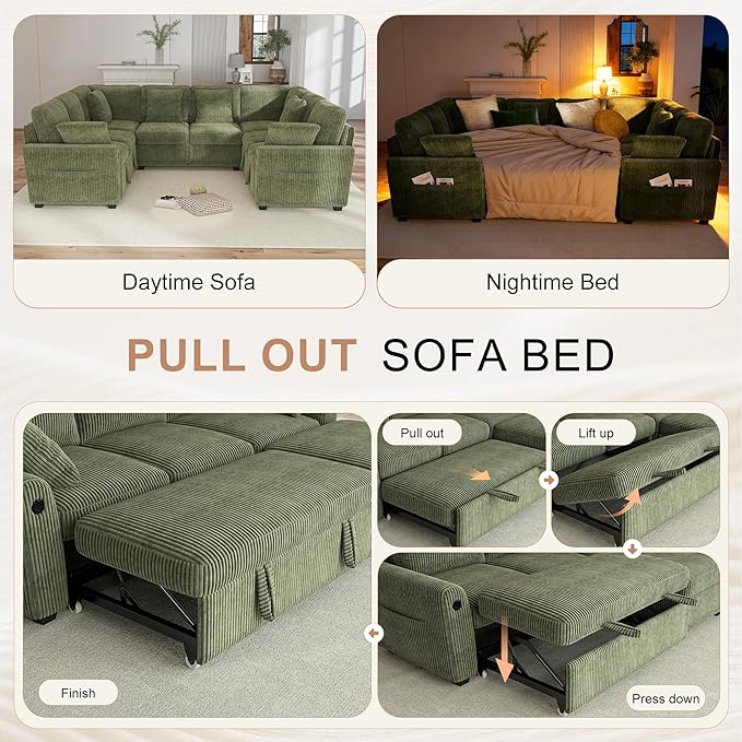 Hanherry Sectional Sofa with Pull Out Couch Bed, Corduroy Sleeper Sofa with 2 - Image 5