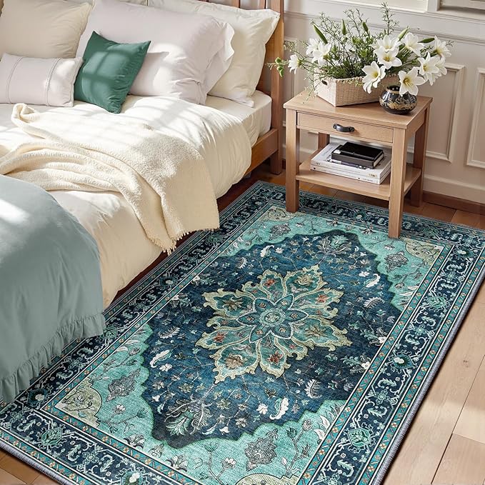 RELEANY Area Rugs 3'x5' Washable Non-Slip, Floral Vintage Distress Print by RELEANY