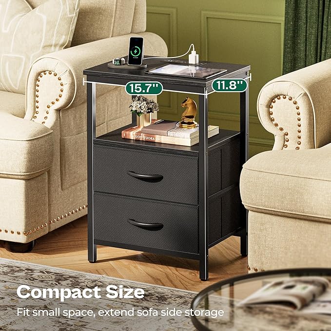 Huuger Night Stand with Charger Station and LED Lights, 2 Drawer Nightstand - Image 8