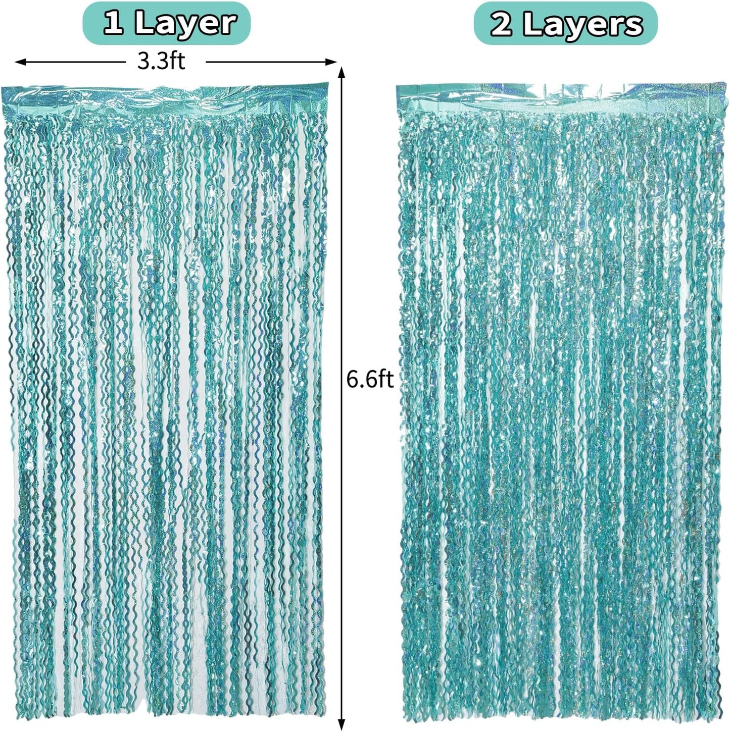4 Pack 3.3 ft x 6.6 ft Wavy Sparkle Aqua Teal Blue Foil Curtain - Water Blue Foil Streamers for Holiday Bachelorette Ocean Themed Decor Winter Party Decorations Supplies