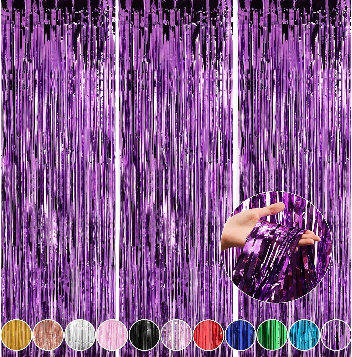 Crosize 3 Pack 3.3 x 9.9 ft Purple Foil Fringe Backdrop Curtain, Streamer Backdrop Curtains, Streamers Birthday Party Decorations, Tinsel Curtain for Parties, Galentines Decor