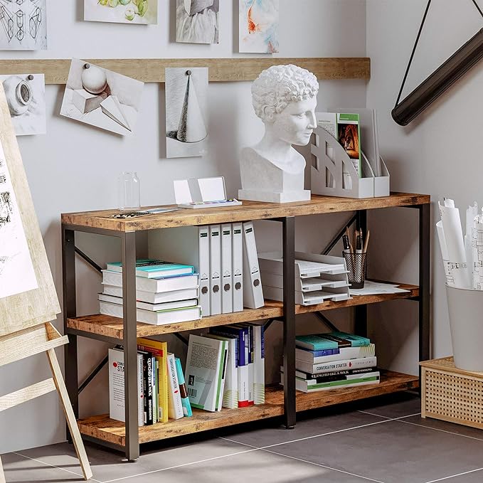 IRONCK Bookshelf Double Wide 55 in 3-Tier, Industrial Bookcases, Wood and Metal by IRONCK