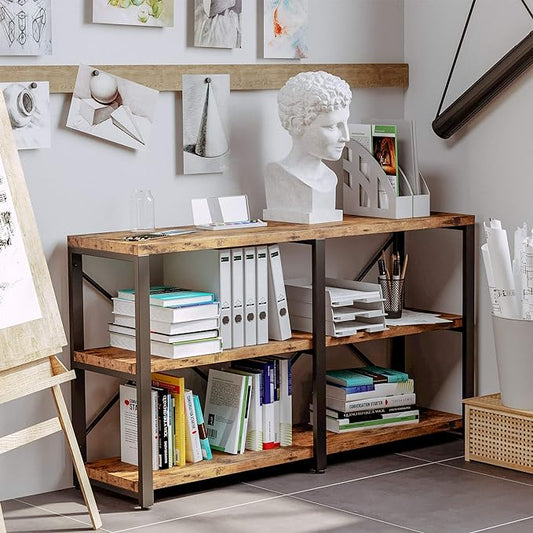 IRONCK Bookshelf Double Wide 55 in 3-Tier, Industrial Bookcases, Wood and Metal by IRONCK
