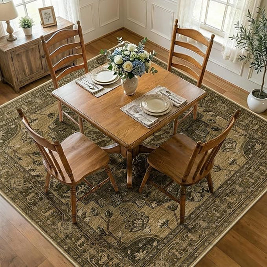 RELEANY Area Rugs Square 7ft Washable Non-Slip, Floral Vintage Distress Print by RELEANY