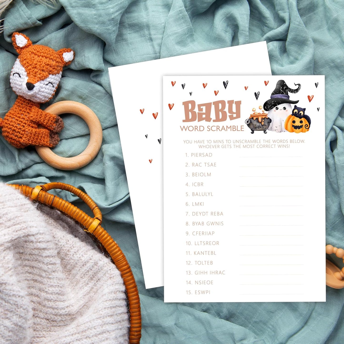 Baby Shower Games, Halloween Baby Word Scramble, 25 Double-Sided Game Cards + 1 Answer Card for Gender Reveal Party Decorations Supplies Announcement - B07