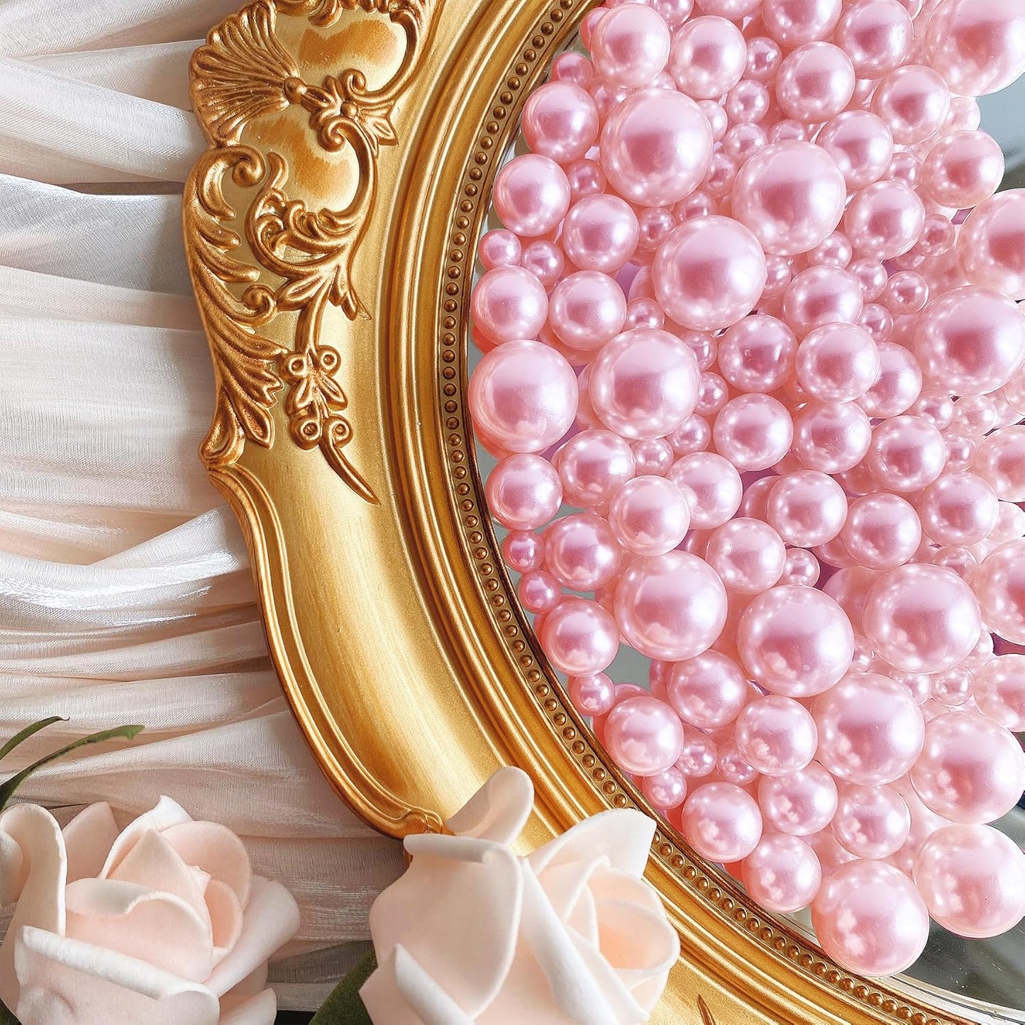 180PCS Pink Beads for Centerpieces Vases, No Hole Polished Pearl Makeup Beads Mixed 8/14/20mm Sizes, Pearl Vase Fillers Table Scatters for Party Wedding Decor