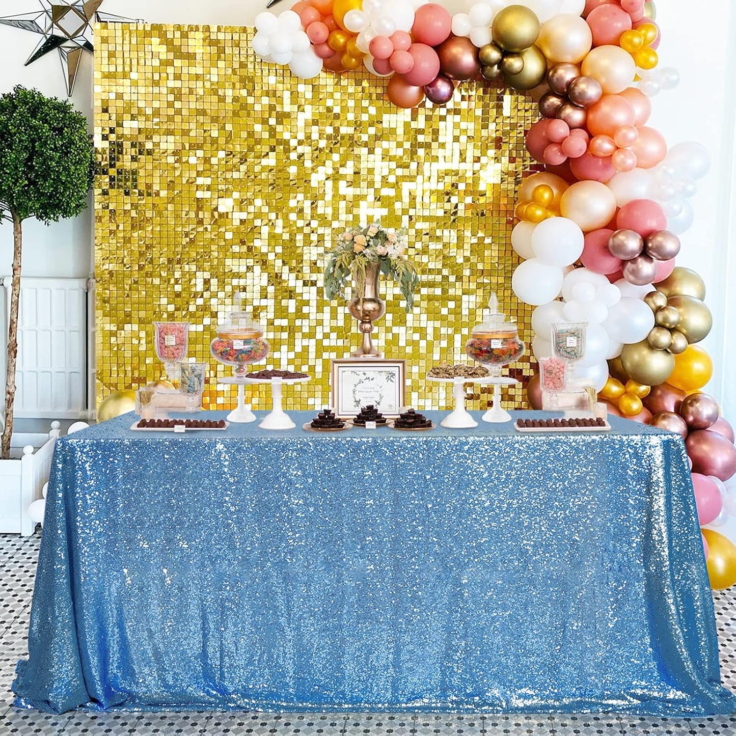 QueenDream Baby Blue Sequin Tablecloth 90x156 Inch Glitter Table Cloth for Baby Shower Birthday Party Decorations