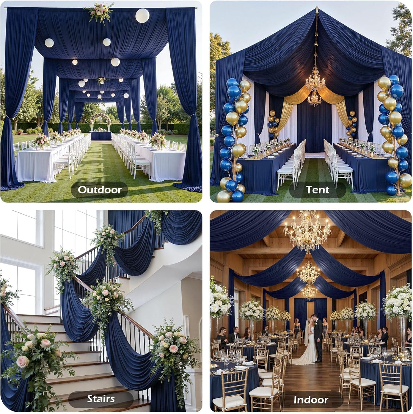 PartyVillage 4 Panels 5ftx30ft Navy Blue Ceiling Drapes for Wedding Parties – 30 FT Extra Long Thick Polyester Wrinkle-Free Drapery Tent Decor Decorations for Birthday Party Ceremony Stage Swag