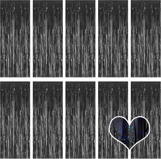 10 Pack Black Backdrop Curtain 3.2ft x 8.2ft Metallic Tinsel Foil Fringe Curtains Photo Booth Background for Birthday Party Decoration Baby Shower Engagement Wedding Christmas Decoration (Black)