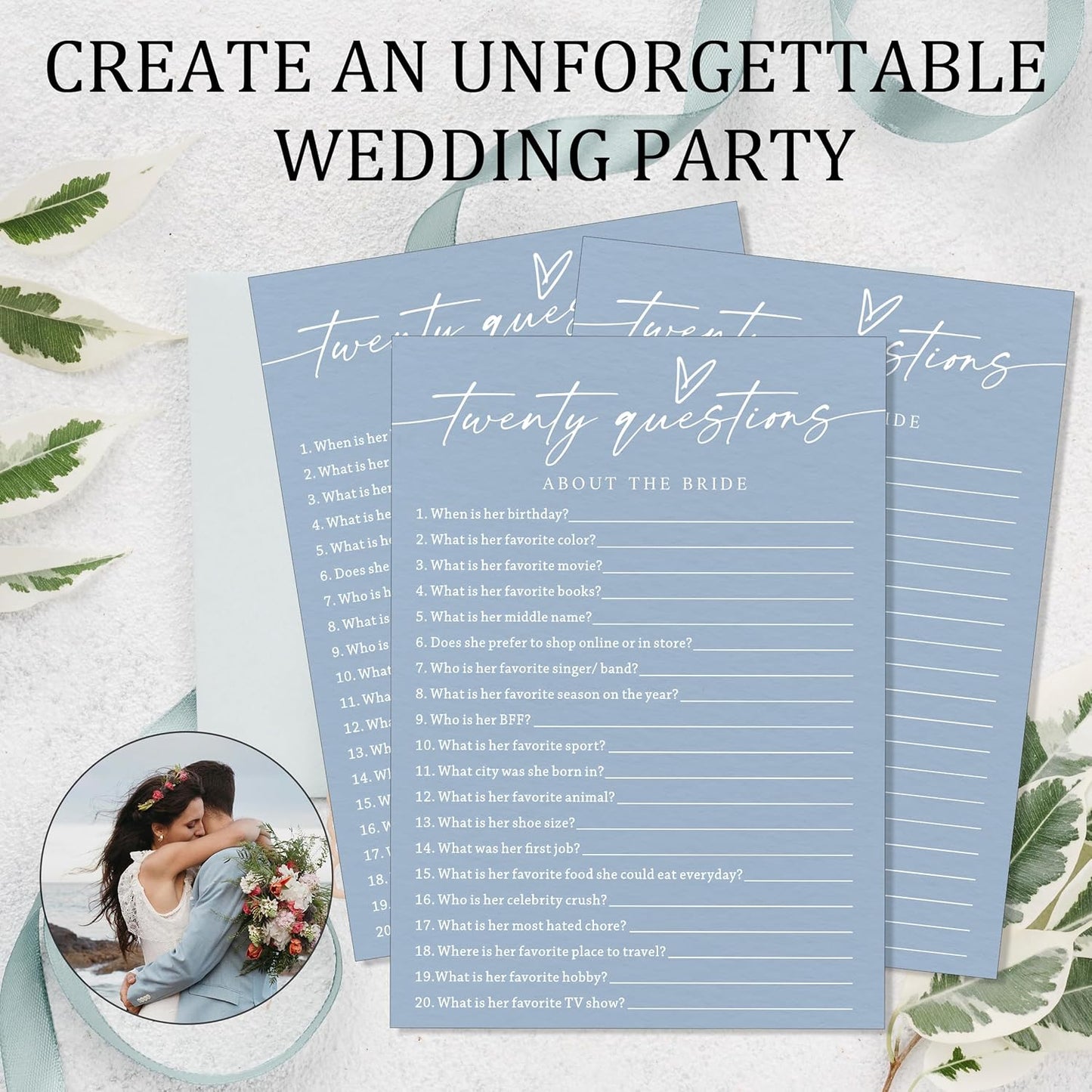 Fun Wedding Shower Games Cards, Twenty Questions About the Bride, Bridal Party Game and Favors for 25 Guests, Bridal Shower Decorations, Minimalist Blue Wedding Party Supplies - B07