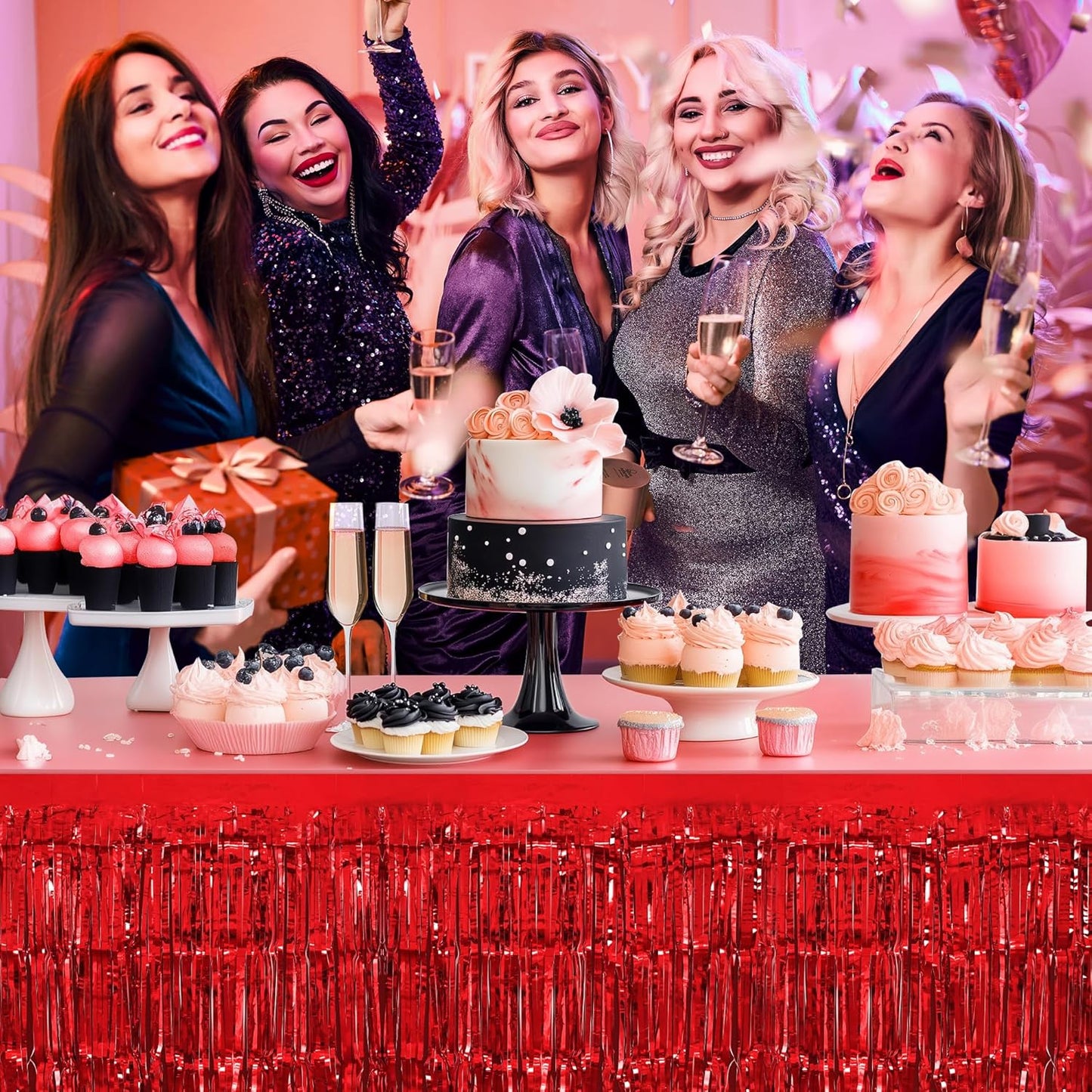 2 Pack Red Table Skirts, 29x108" Metallic Foil Tinsel Fringe Table Skirts for Rectangle Tables Streamer Curtains Backdrop, Party Decorations for Birthdays Weddings Holidays