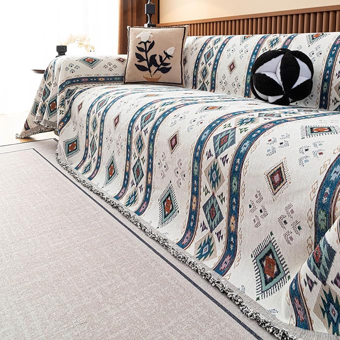 VClife Bohemian Couch Cover, Vintage Moroccan Tribal Geometric Chenille Couch - Image 5